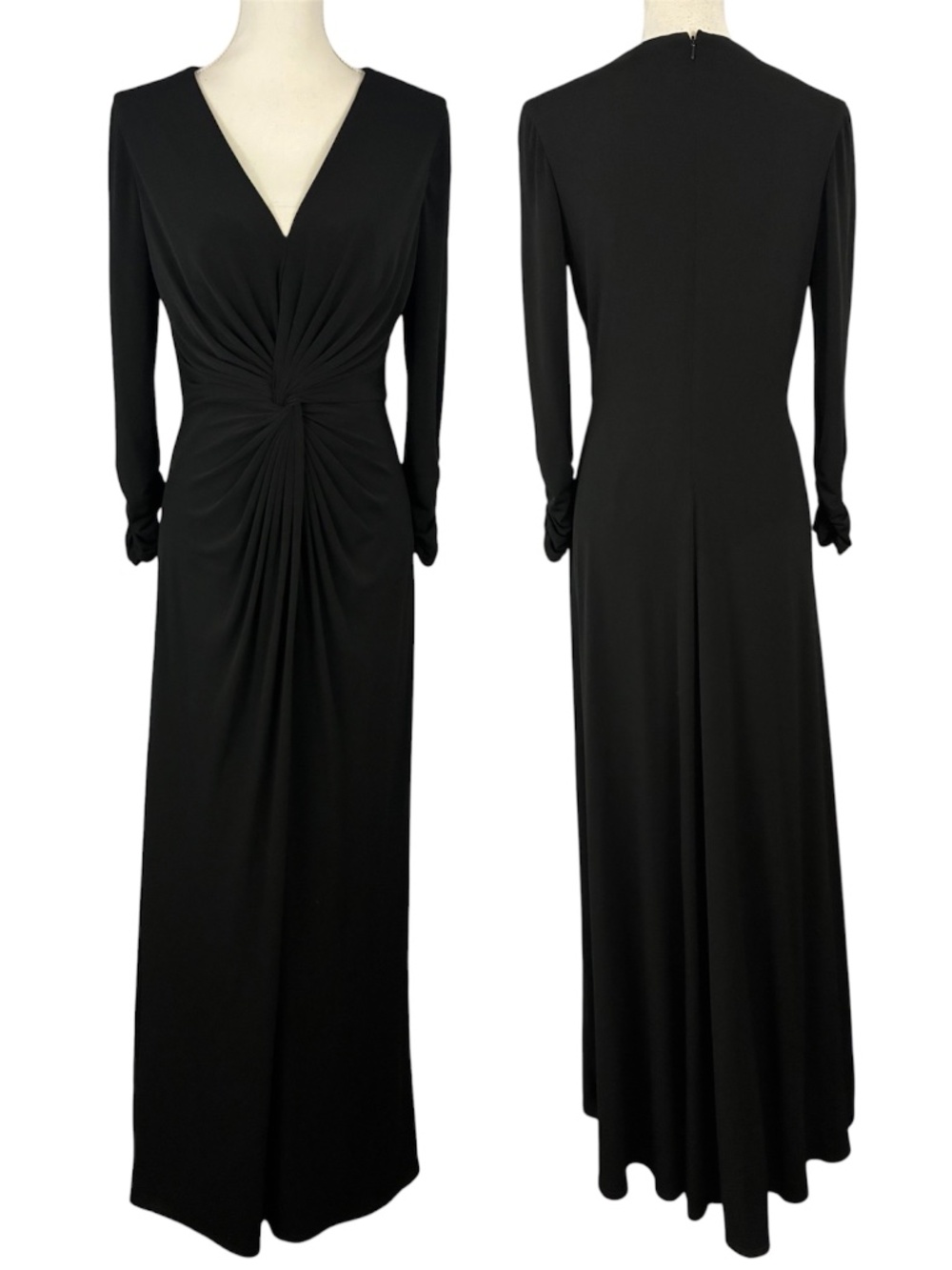 Tadashi Twist Front Jersey Gown M Black Floor Length Ruched Long Sleeve Dress